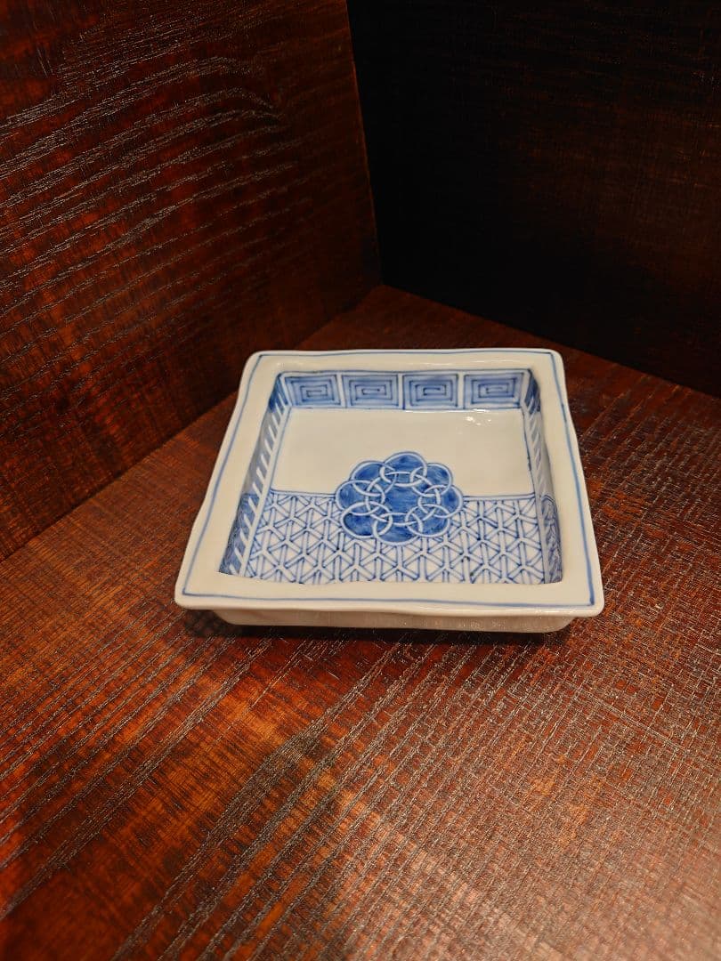 草山窯　染付地紋丸紋角向付