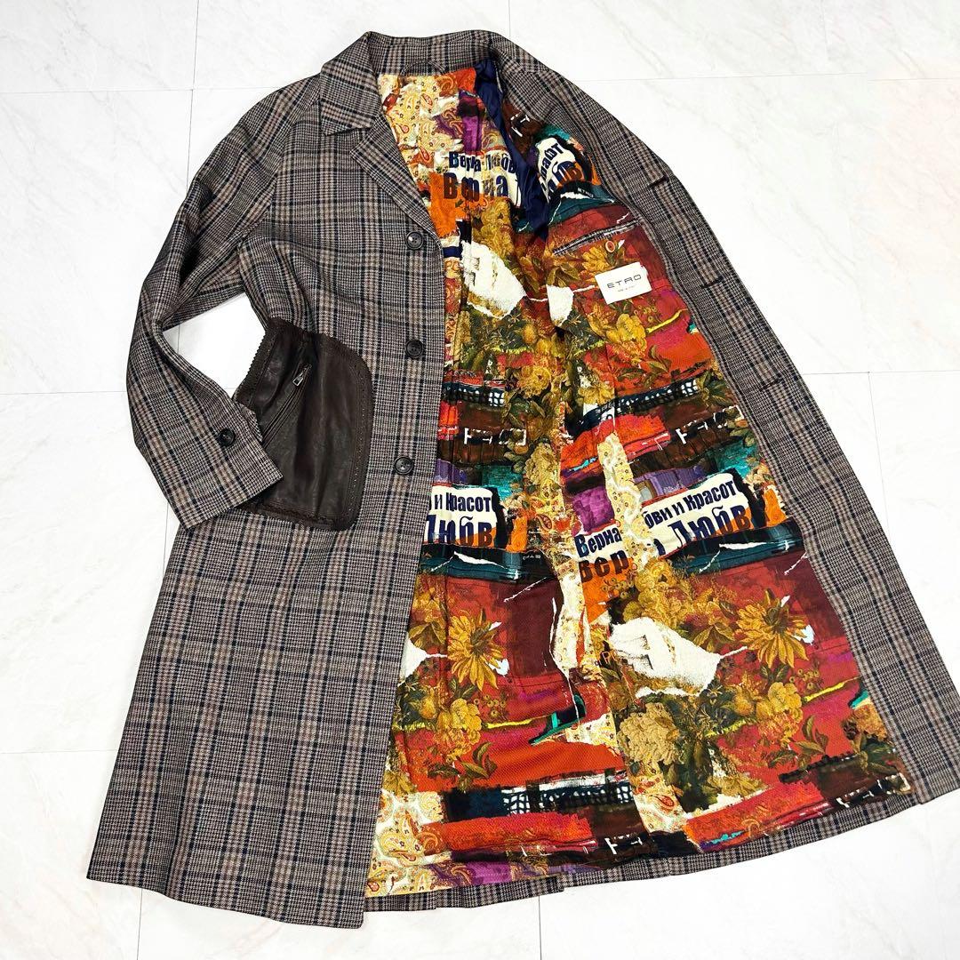 未使用に近い ETRO チェスター レザーポケット 総柄 ロングコート 48