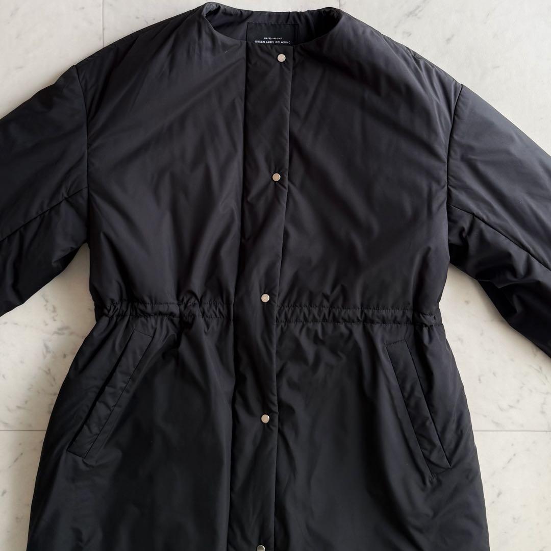 美品 グリーンレーベルリラクシング ノーカラー ダウンコート◆ブラック