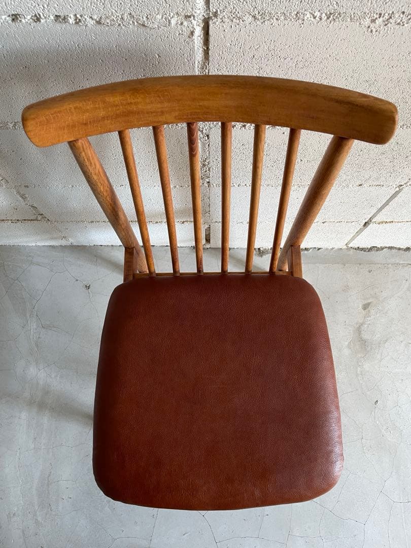 IKEDA 池田木工　ダイニングチェア　本革シボレザー張　昭和レトロ　天然木無垢