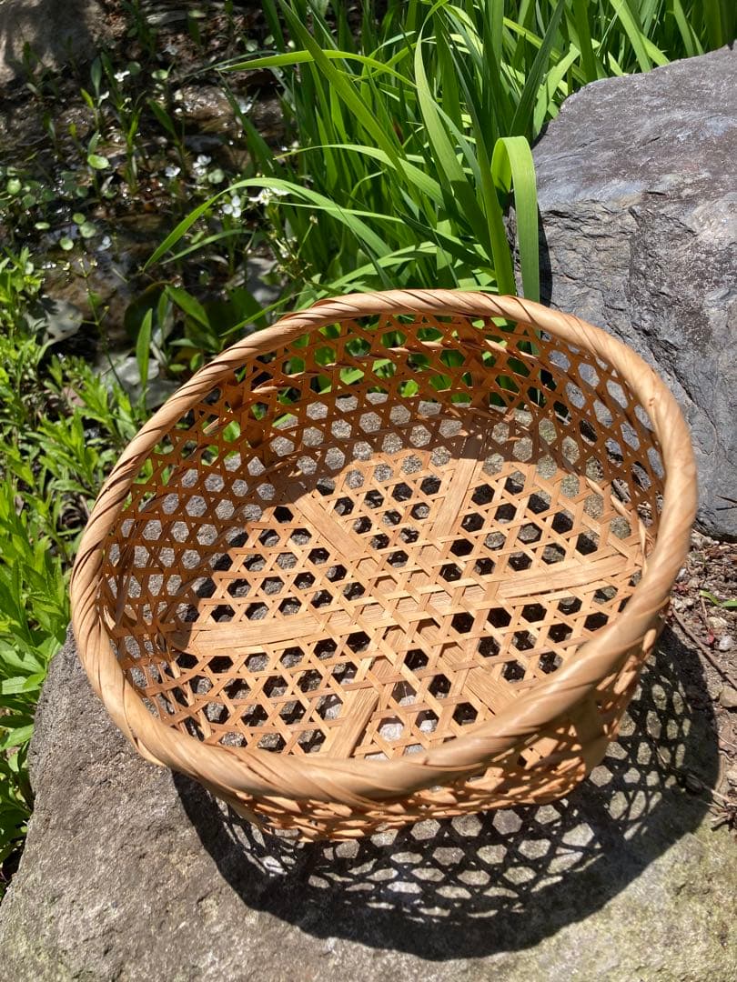 京都ヴィンテージ　竹の手編み　ラウンドバスケット　かご