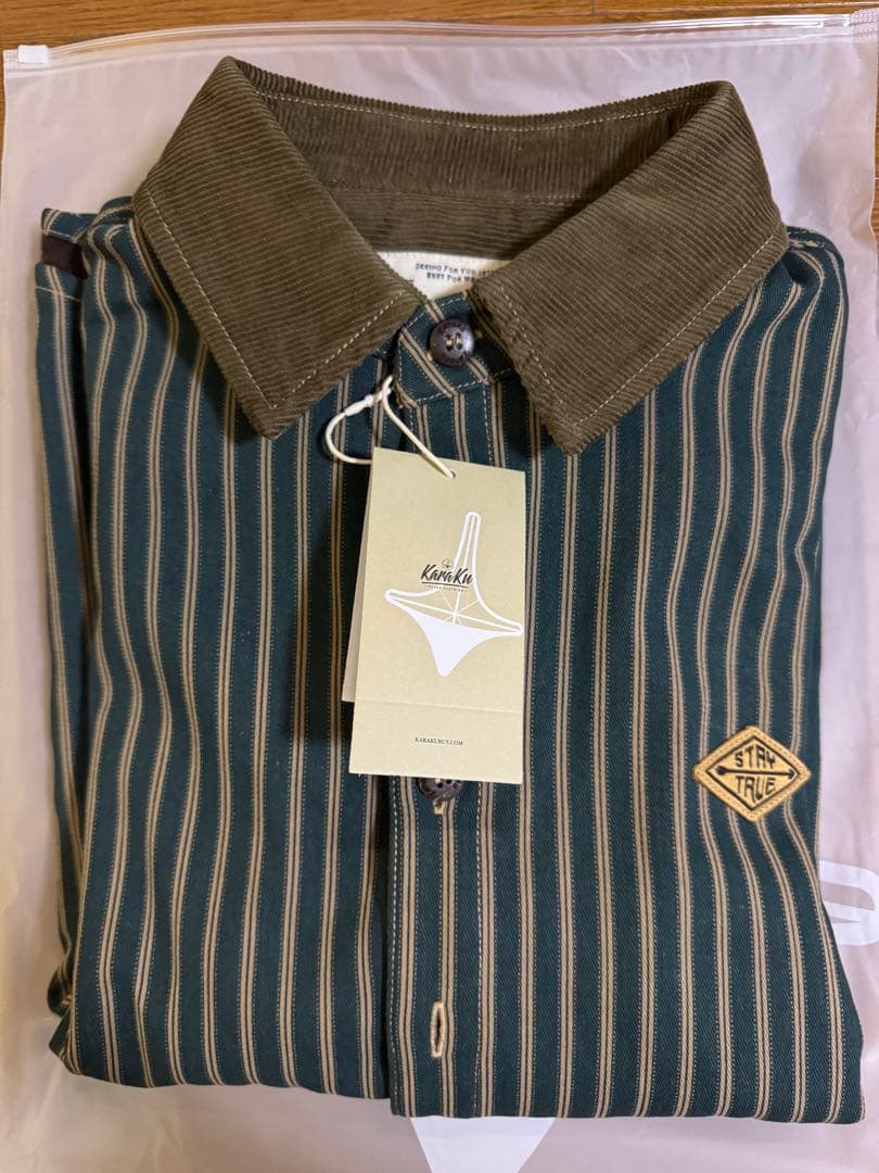 KaraKu シャツ 長袖 メンズ コーデュロイ切替裏フリースストライプシャツ