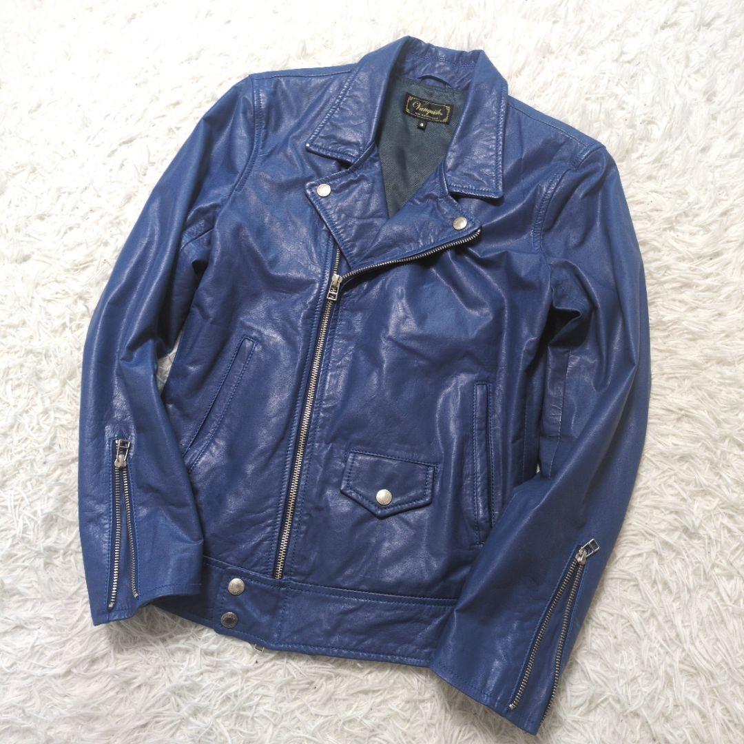 ヴァンキッシュ　メンズ　レザー　ダブルライダース　青　牛革　サイズS