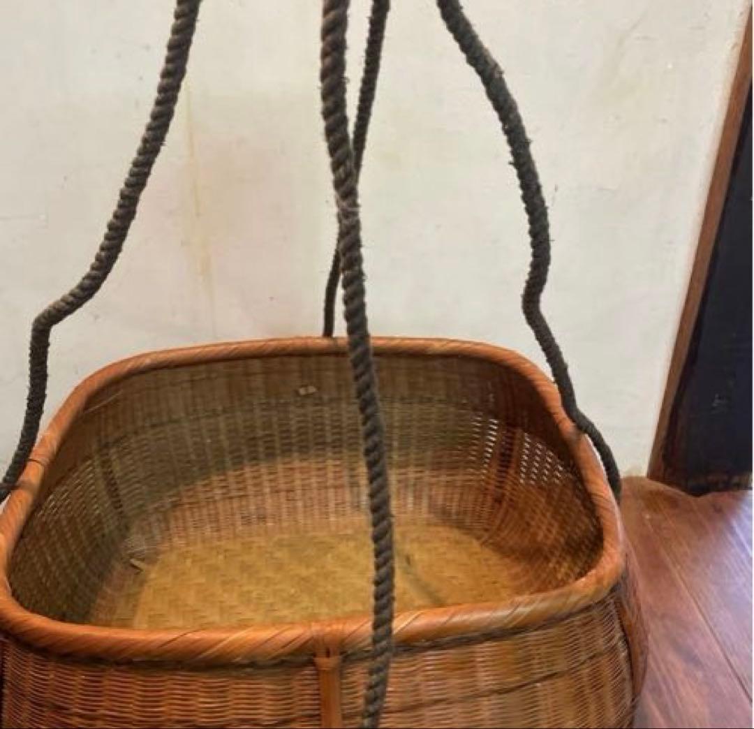 美品　レトロ　竹籠　バスケット　編み籠　収納　かご　紐付き　大きいサイズ