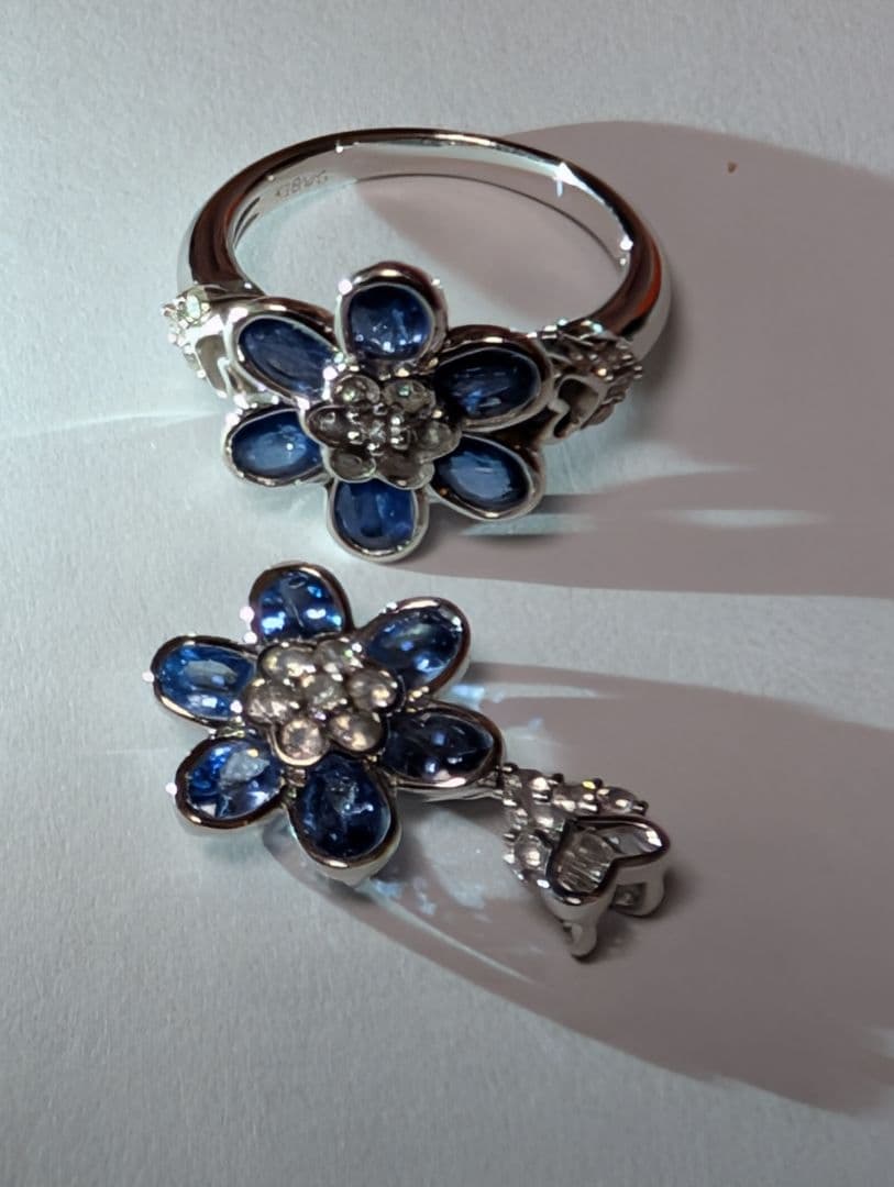 青色花デザイン ーリング＋ペンダントトップ