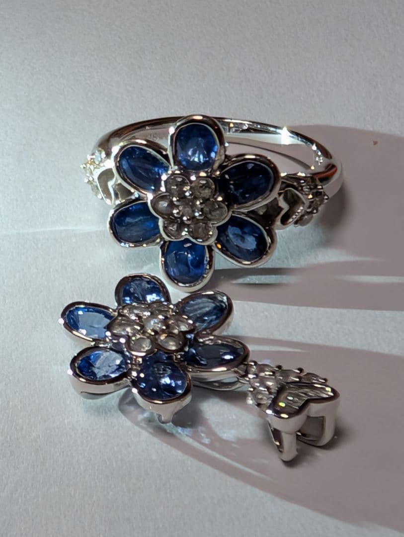 青色花デザイン ーリング＋ペンダントトップ