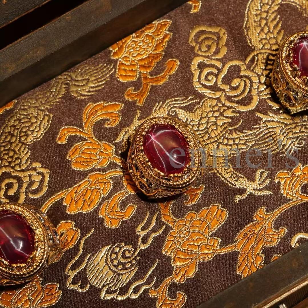 中国古美術・花絲細工×鎏金 赤星光ルビーリング 3点セット・宮廷風・装飾品・箱付