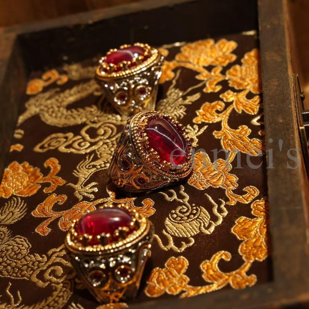 中国古美術・花絲細工×鎏金 赤星光ルビーリング 3点セット・宮廷風・装飾品・箱付