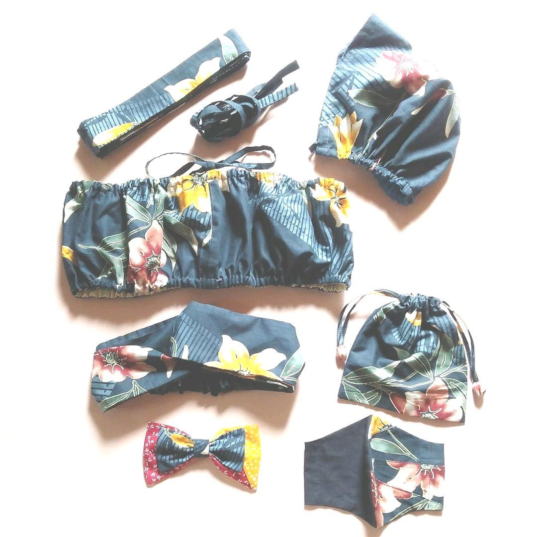 ハンドメイド浴衣地のオールインワン＆バック小物など10点セット