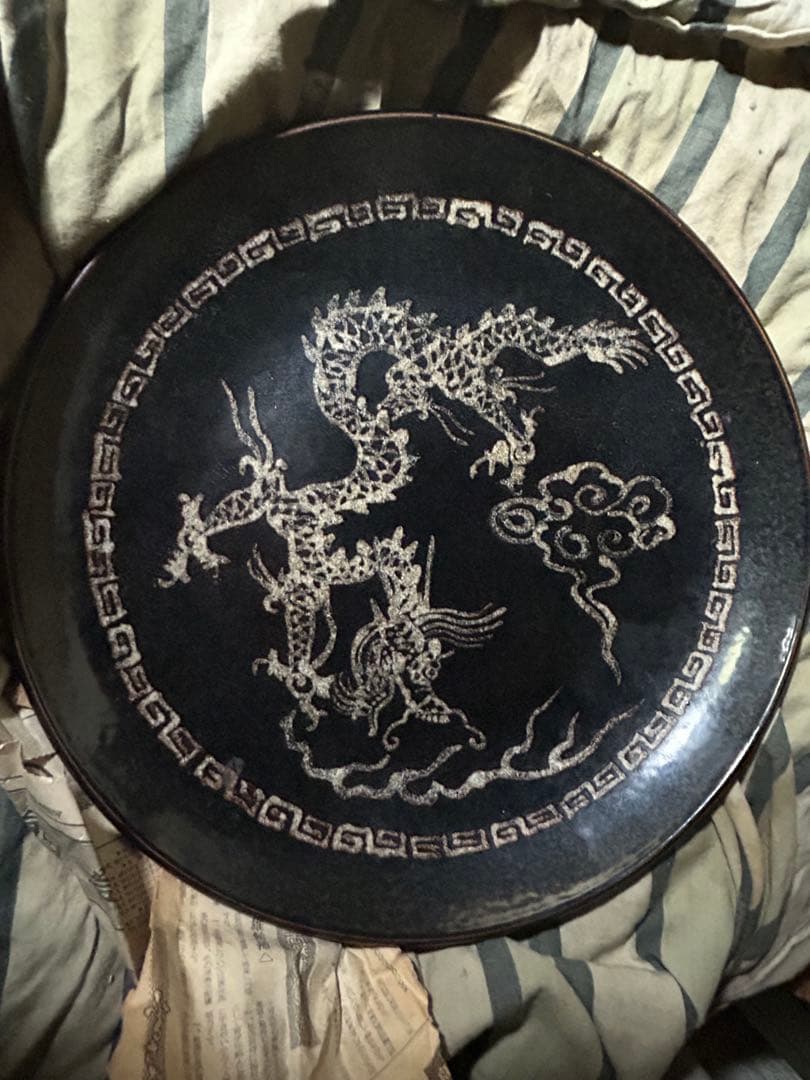 中国古美術 宋時代吉州窯黑釉龍紋皿共箱