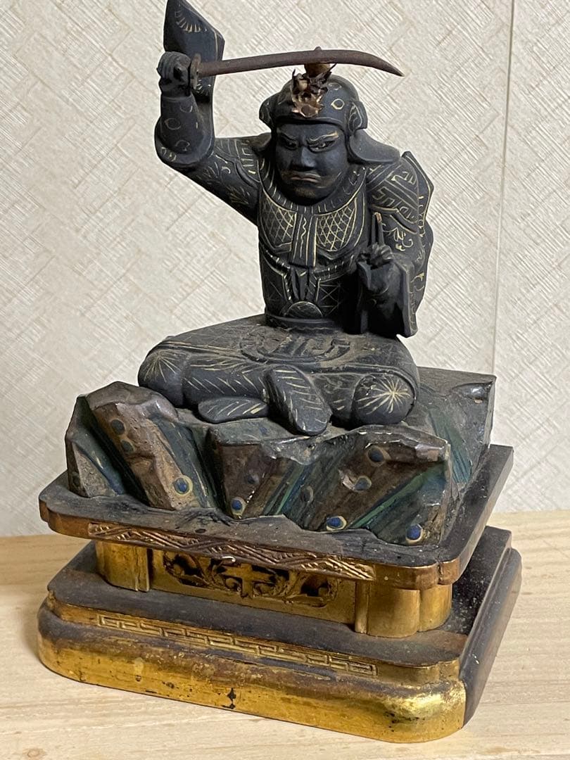 ★極上時代彫り★妙見菩薩/木彫/木造/金泥/玉眼/仏像/置物/武士/仏教美術/仏