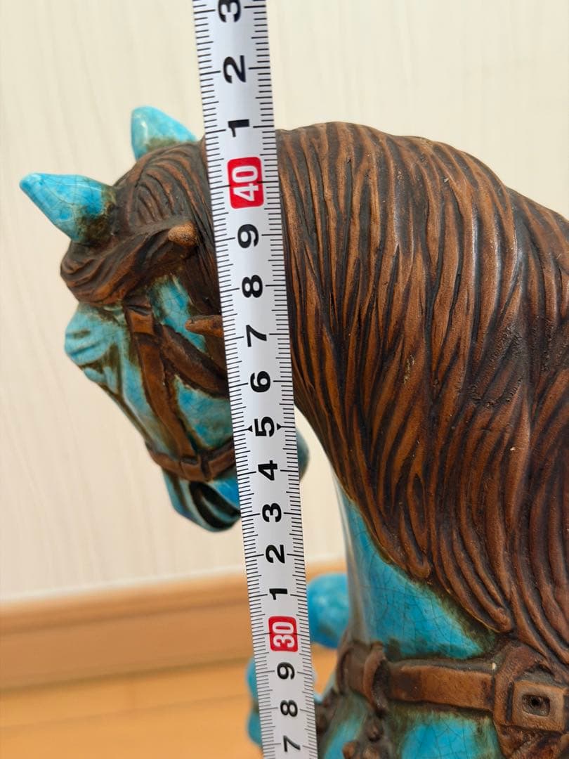 青い陶器製馬の置物 約41cm 縁起　戦馬