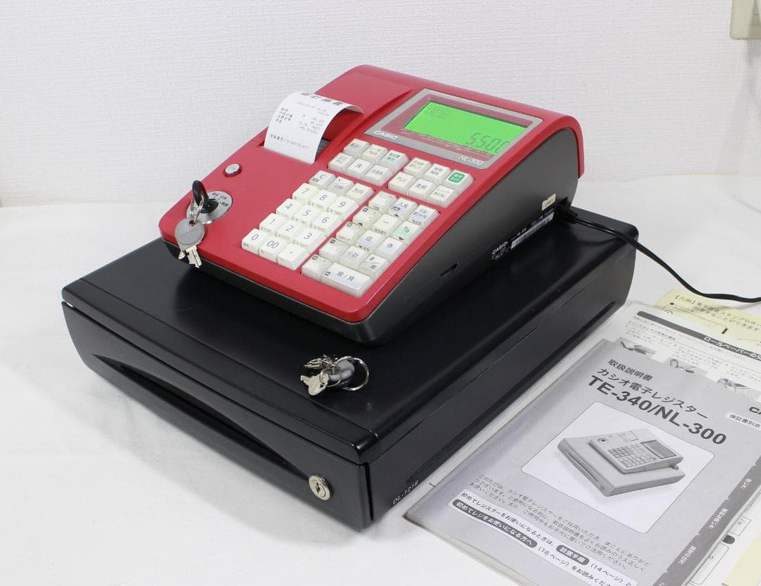 カシオ レジスター TE-340/NL-300 赤 説明書 鍵付 レジロール5個