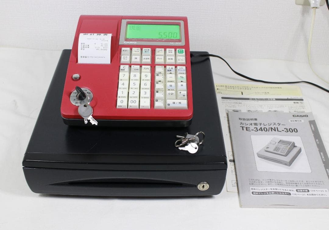 カシオ レジスター TE-340/NL-300 赤 説明書 鍵付 レジロール5個