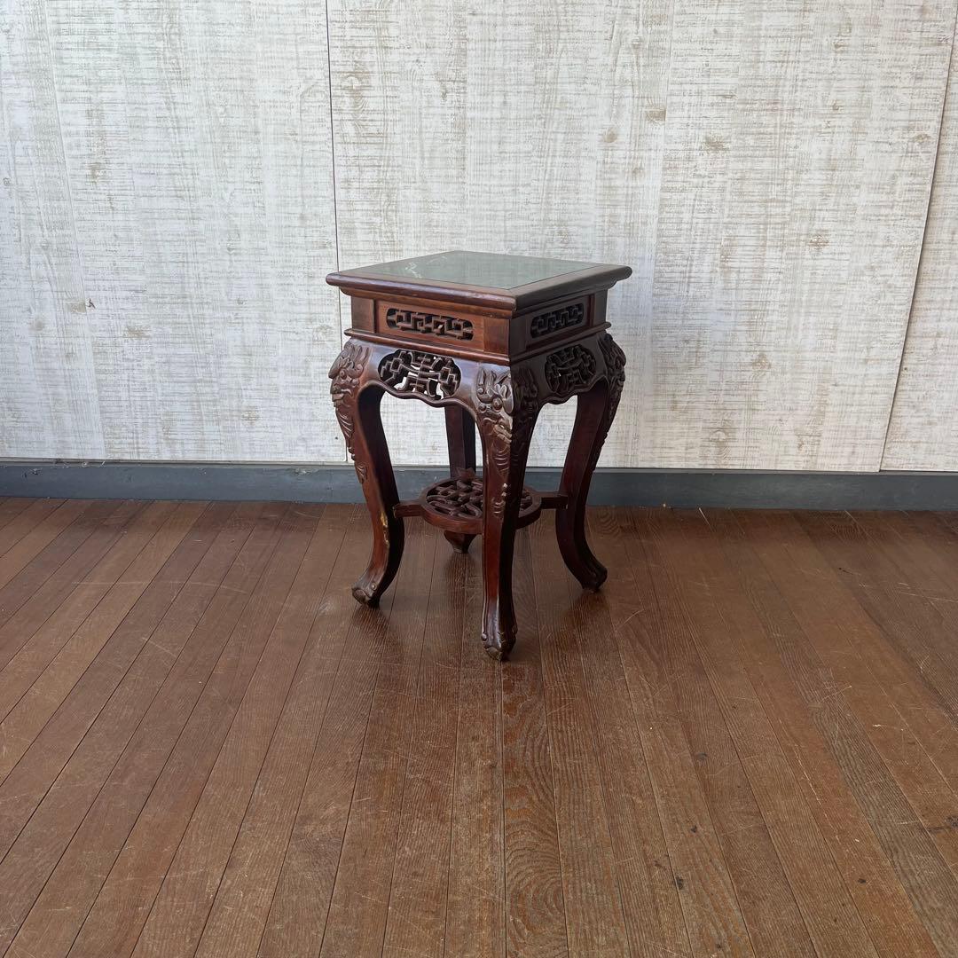 【アンティーク】唐木 花台 透かし彫り 飾り台 高卓 大理石天板 古道具 古民家