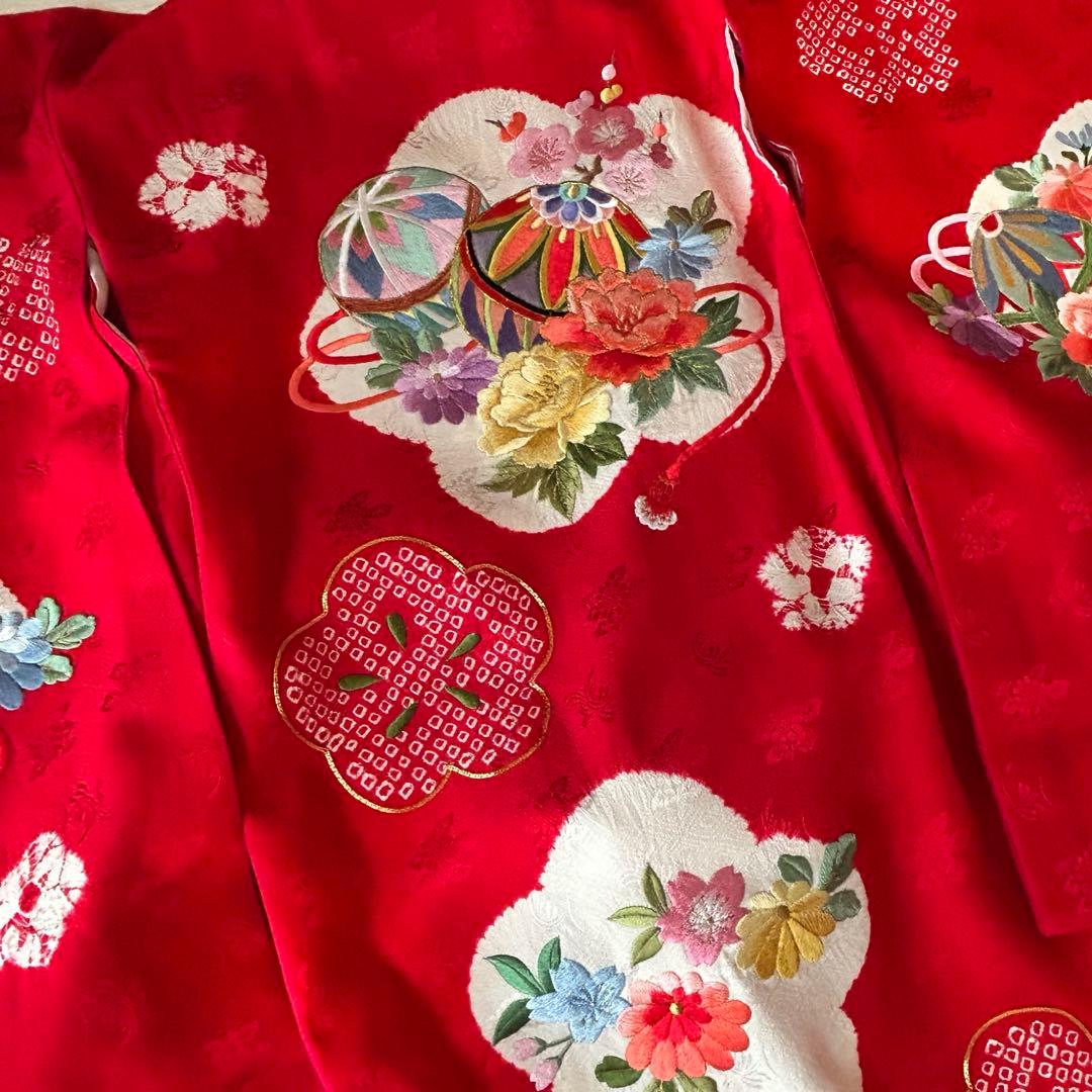 七五三 3歳 フルセット 着物 正絹 総絞り 被布 刺繍 三歳 赤 草履 753