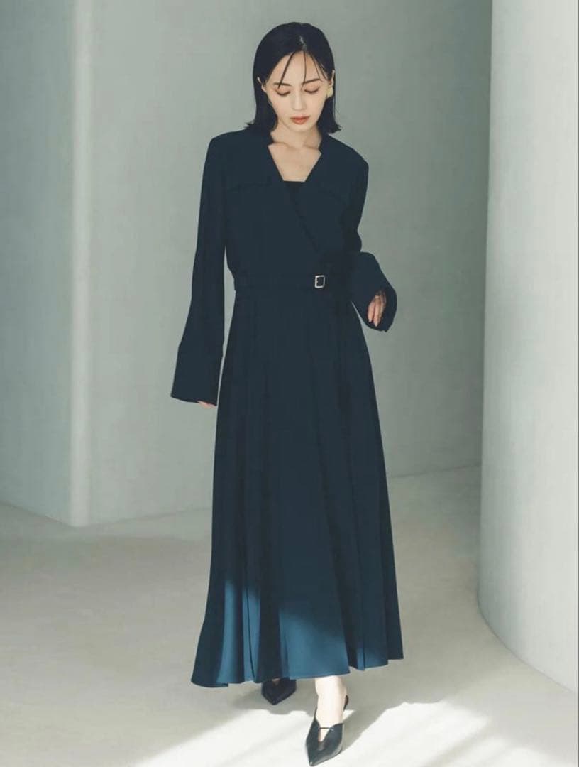 anuans アニュアンス ダブルサテンノーカラータックワンピース M