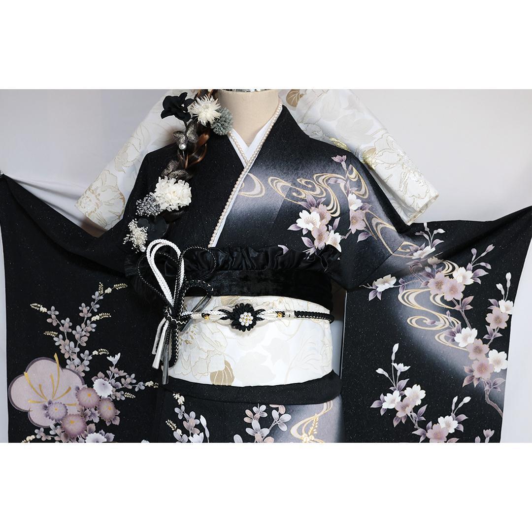 成人式直前SALE！良好！豪華黒×白 総絞り正絹振袖7点セットフルセットSG15