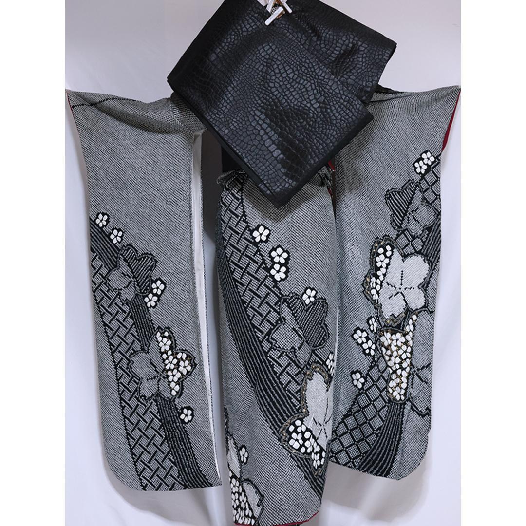 成人式直前SALE！良好！豪華黒×白 総絞り正絹振袖7点セットフルセットSG15