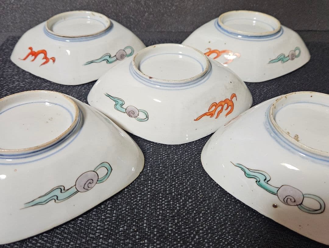 上作古伊万里❗】江戸時代末　古伊万里　錦手　菊花に波文　菱形皿5客　16.8cm