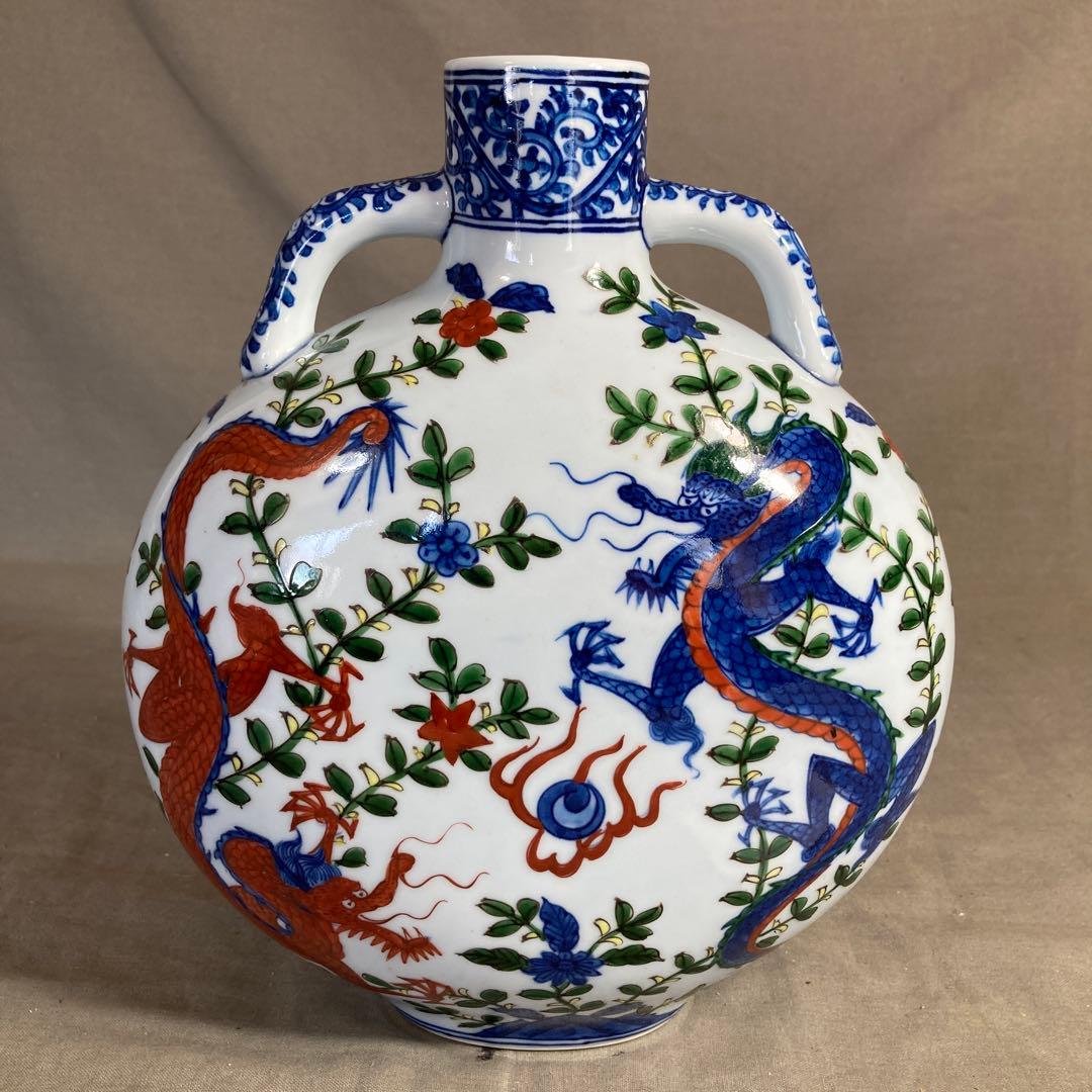 【源右衛門】古伊万里の伝統　日本の名窯　舘林源右衛門作　染錦万暦双龍絵　扁壺