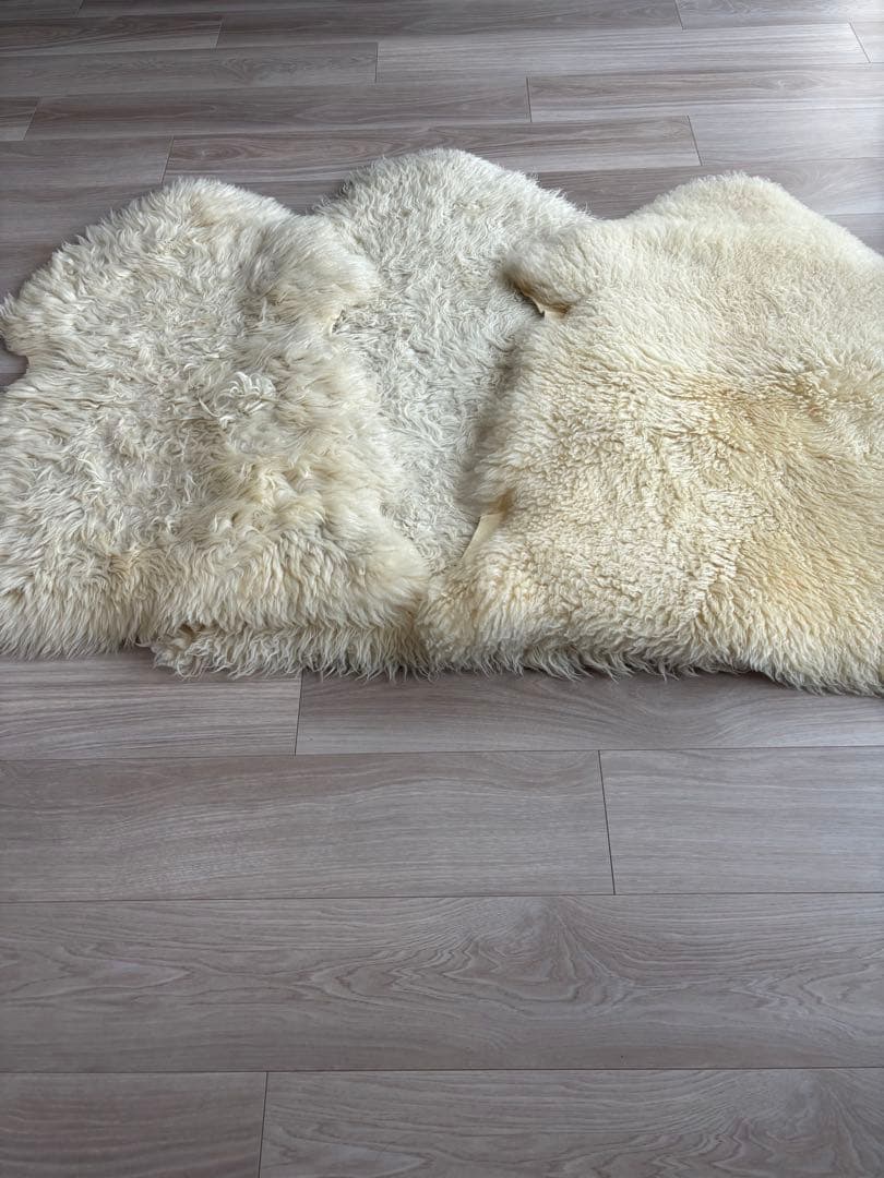 天然ムートンラグ 羊毛ラグ 3枚セット アイボリー／クリーム系 敷物