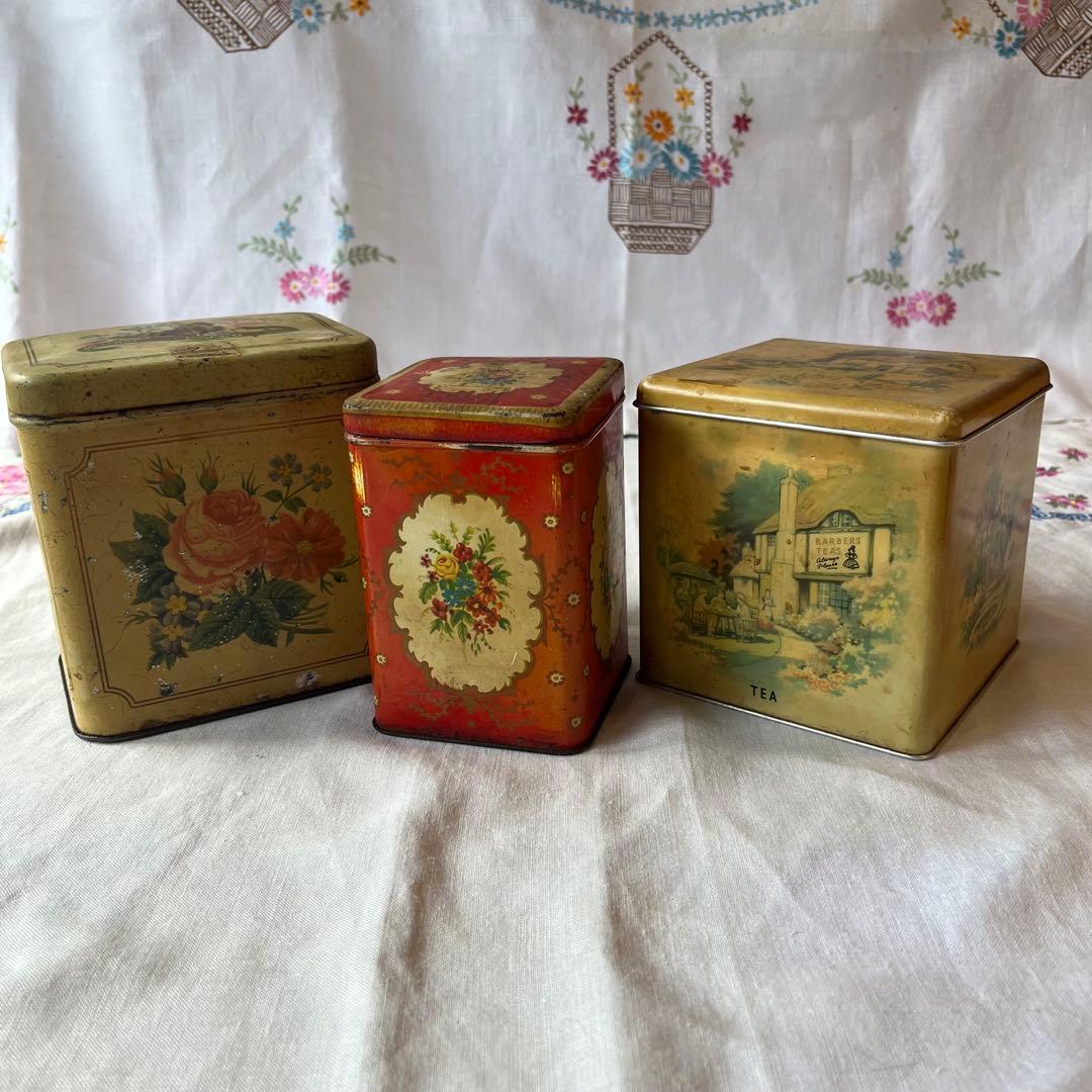 アンティークフタつきブリキ缶3点セット