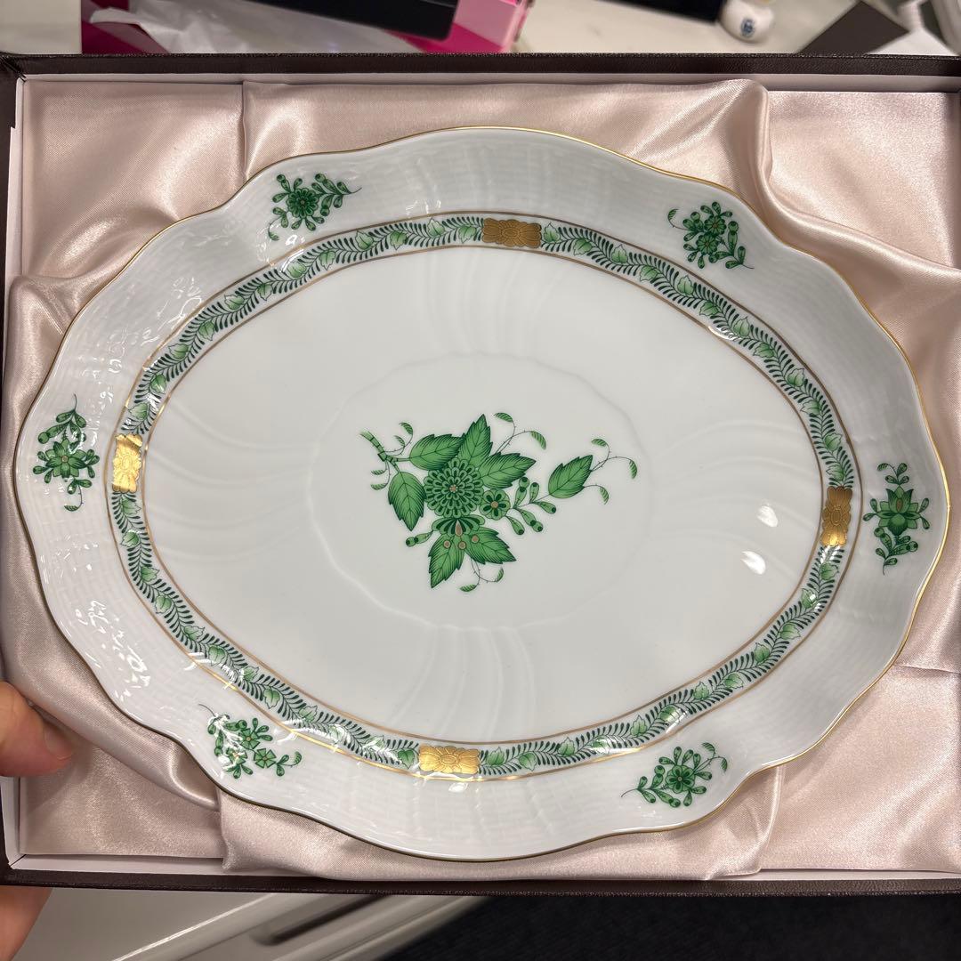 ヘレンド　アポニーグリーン　オーバル楕円形プレート皿HEREND 26.5cm