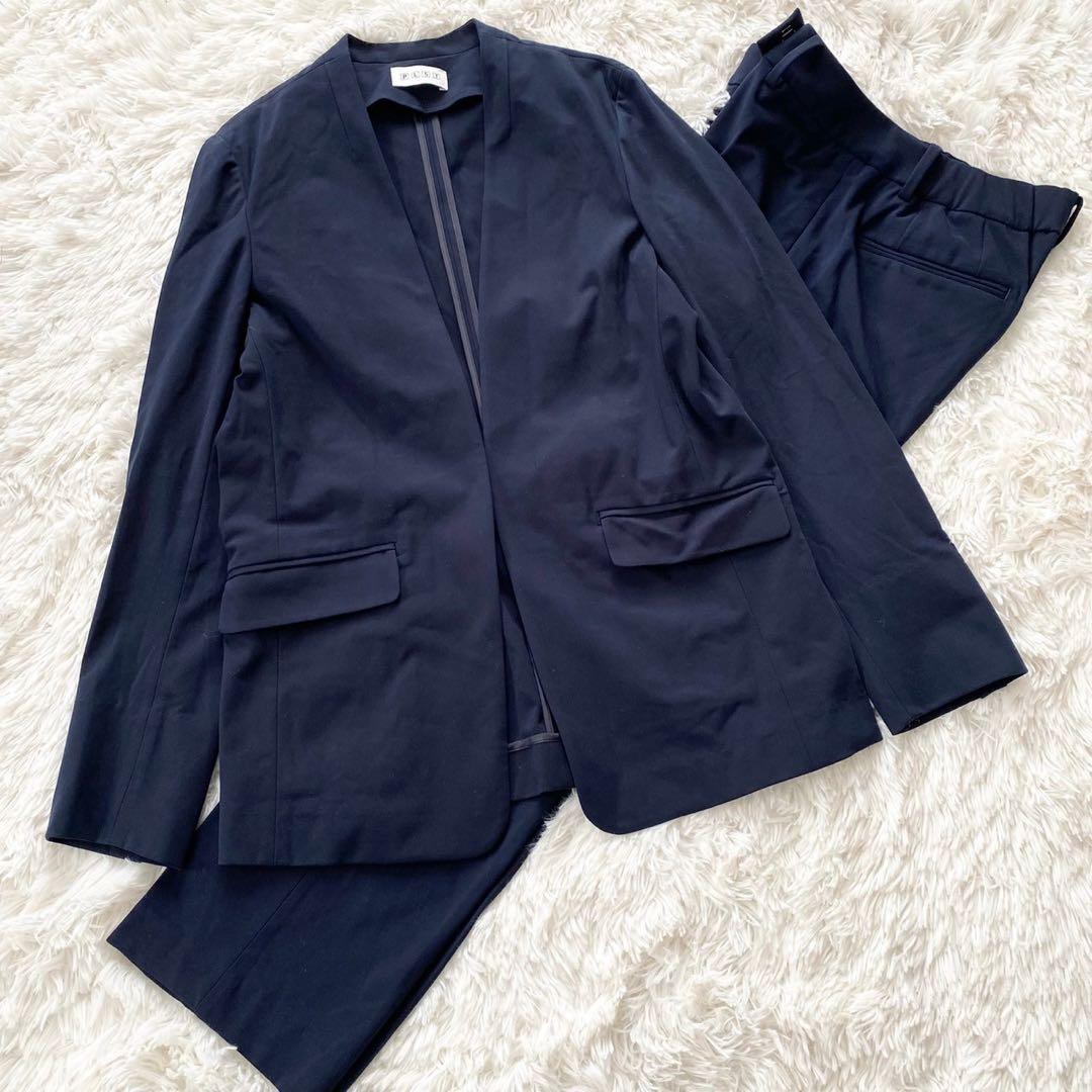 PLST セットアップ ノーカラー パンツ ビジネススーツ ネイビー Lサイズ