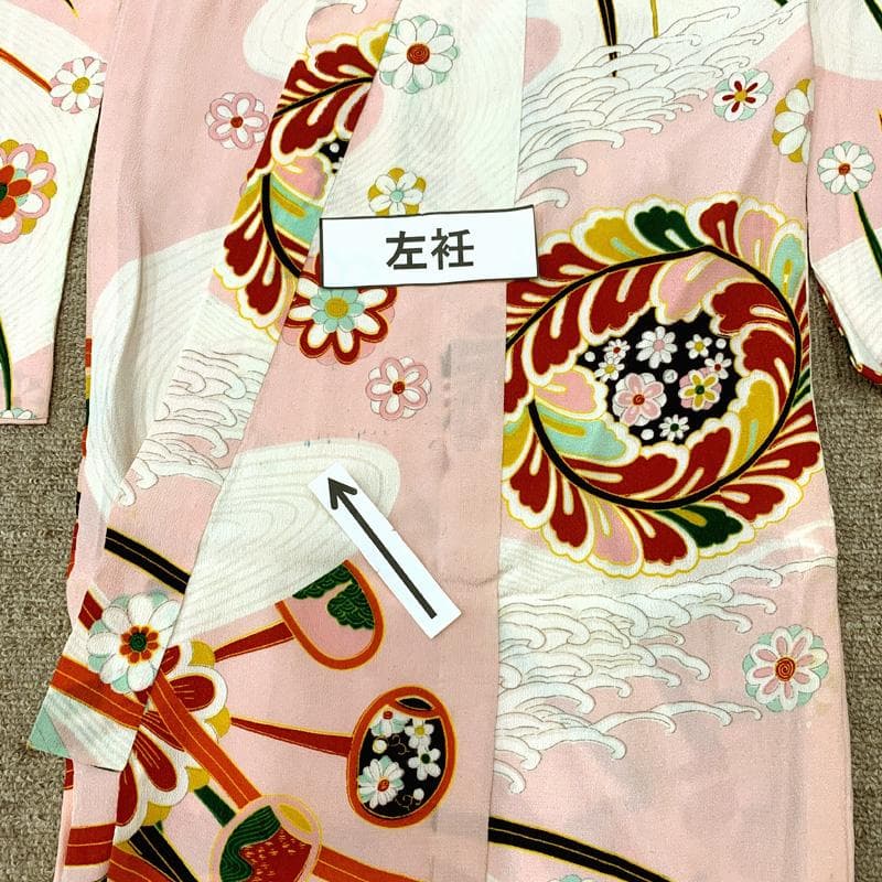 510ag42□七五三 三歳 セミアンティーク 女児 着物&被布 流水に花□良好