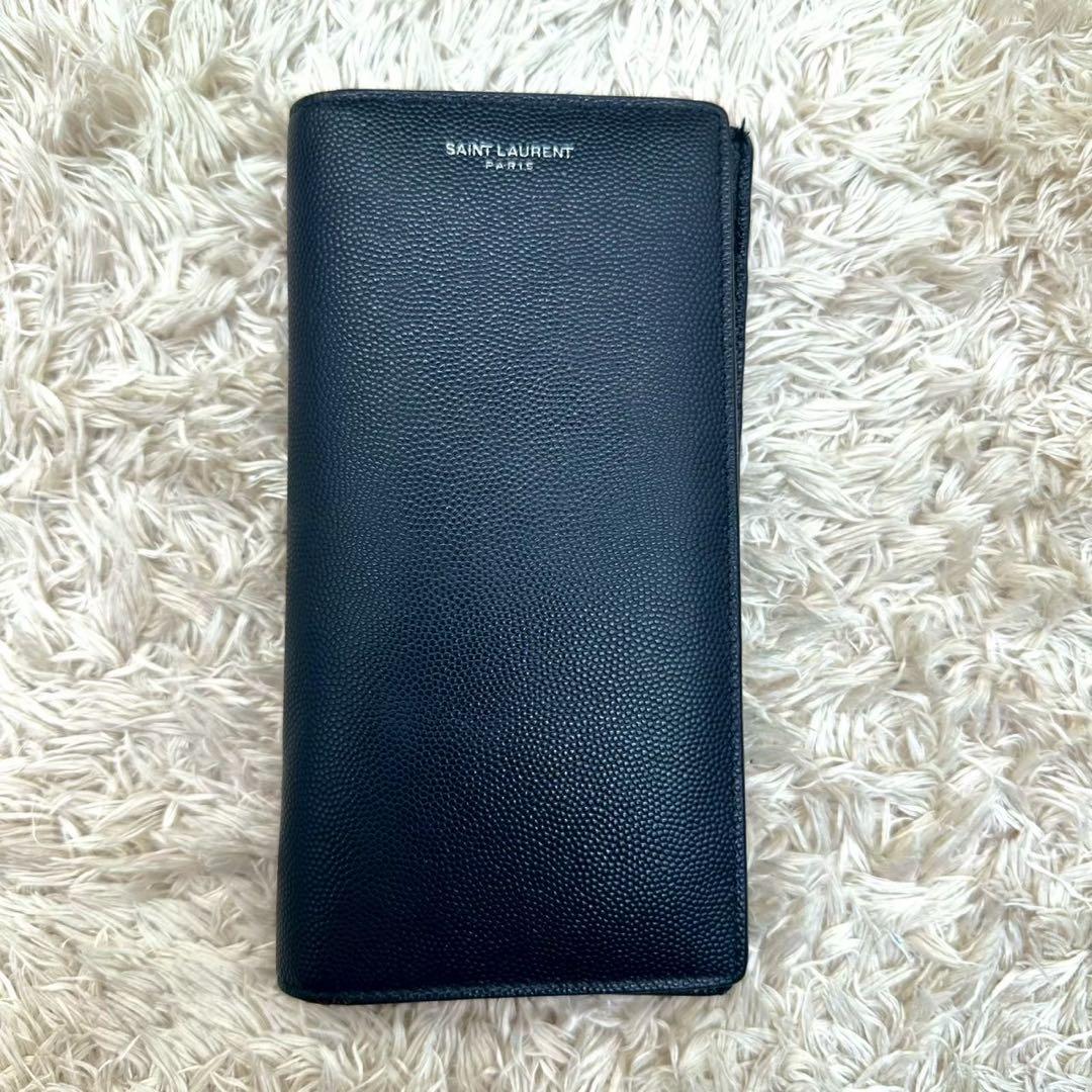 【美品】サンローラン 長財布 二つ折り財布 ブラック キャビアスキン メンズ