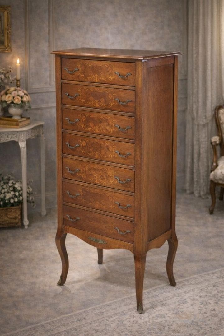 イタリア チェスト 7段 ネコ脚 象嵌 クラシック アンティーク 1944-7