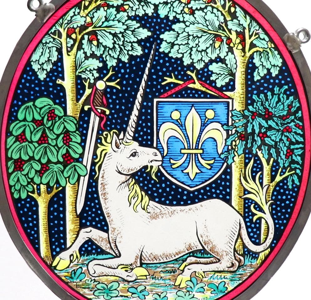 ユニコーンと百合の紋章(エンブレム) ヴィンテージ ステンドグラス 中世