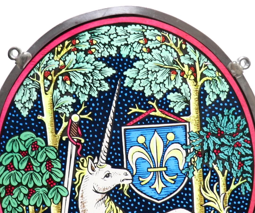 ユニコーンと百合の紋章(エンブレム) ヴィンテージ ステンドグラス 中世