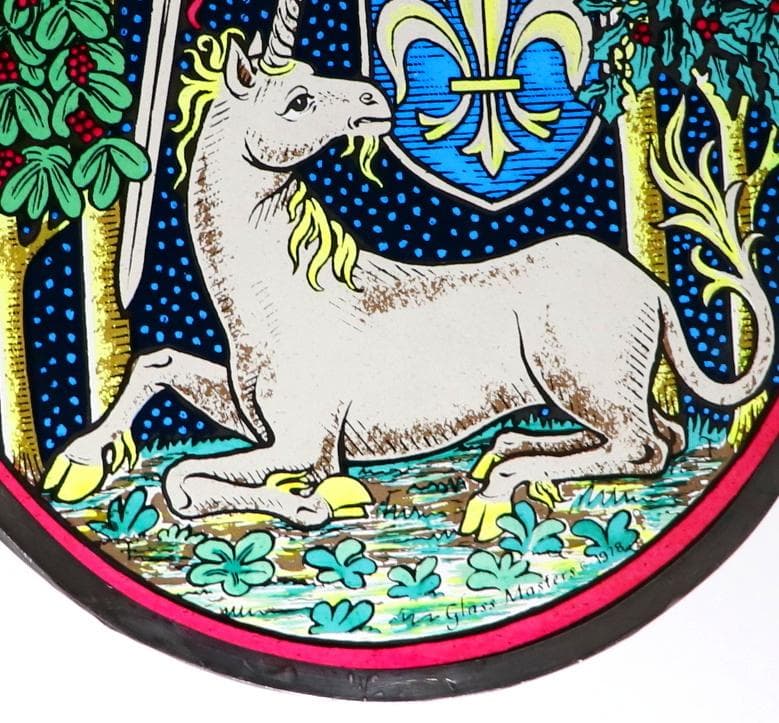 ユニコーンと百合の紋章(エンブレム) ヴィンテージ ステンドグラス 中世