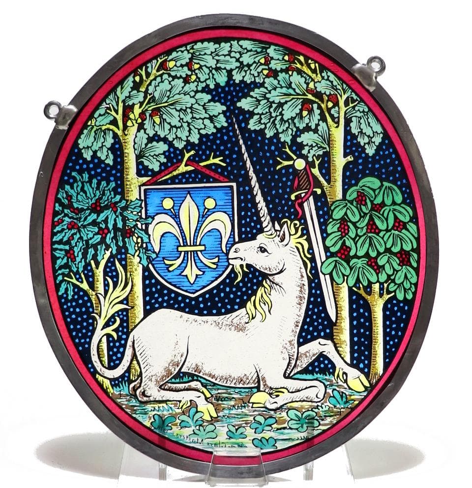 ユニコーンと百合の紋章(エンブレム) ヴィンテージ ステンドグラス 中世