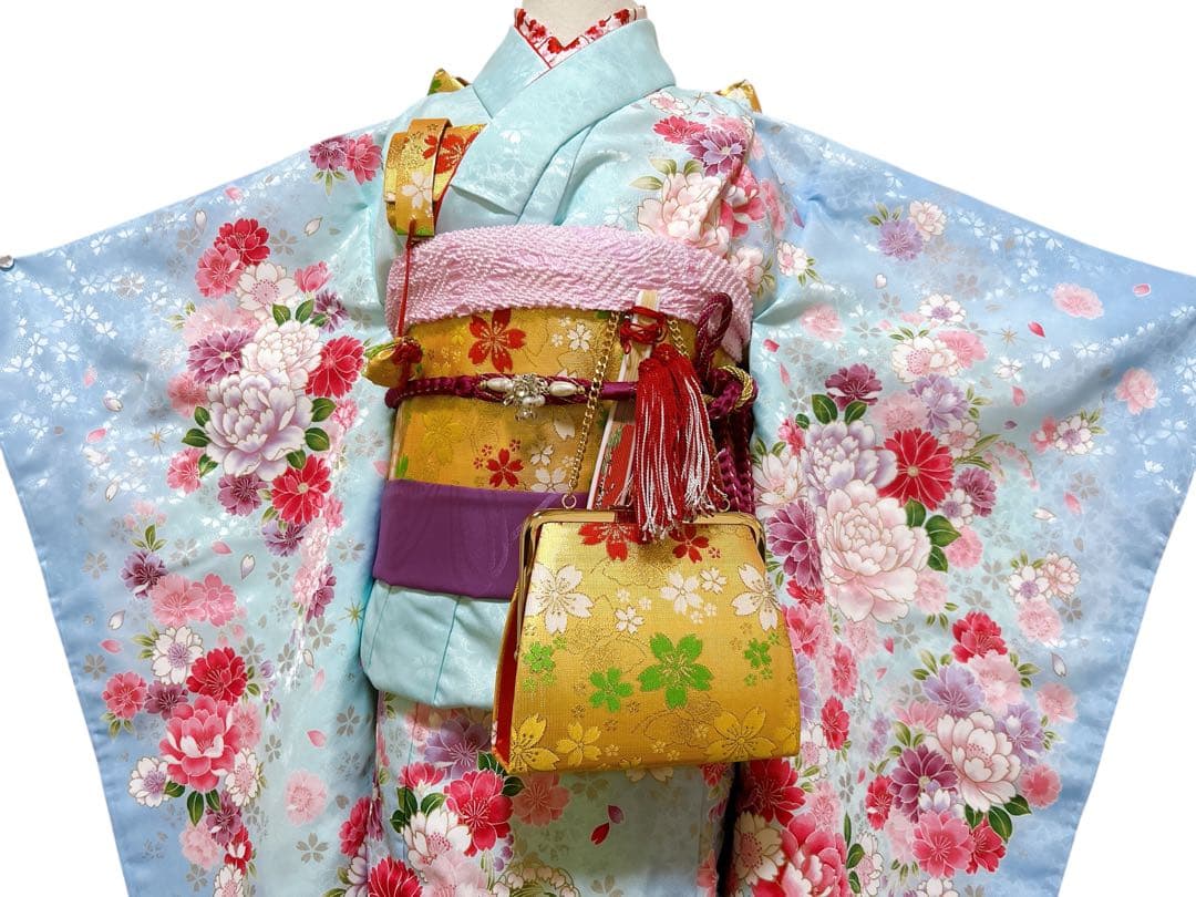 美品フルセット♡七五三　7歳　女の子　水色　ピンク　ゴールド　パール付帯締め