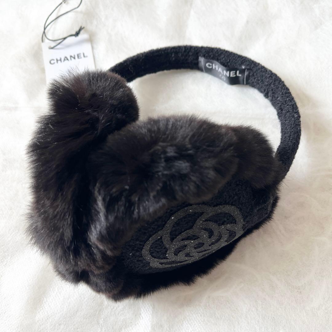 シャネル　イヤーマフ　カメリア　ココマーク　ツイード　ラパンファー　黒　ブラック