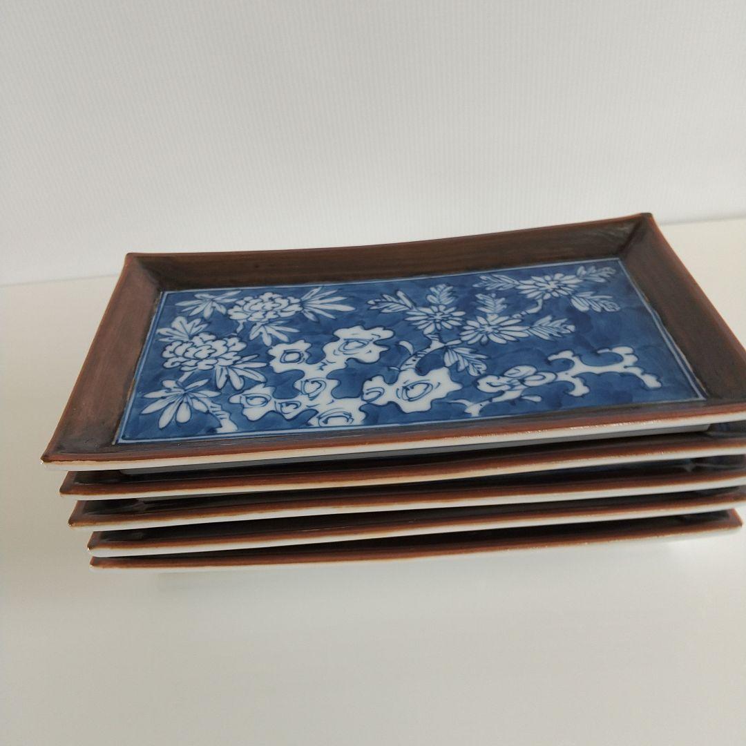 源右衛門⭐️染付花紋 角型 銘々皿 五枚組