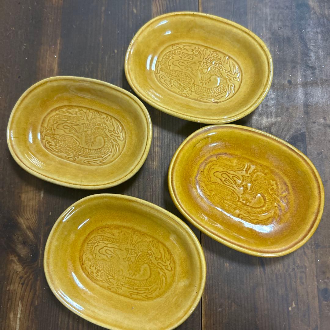 H*a様 珉平焼き　明平焼き　龍紋図　楕円形　淡路焼　菓子皿　豆皿　４枚　骨董品