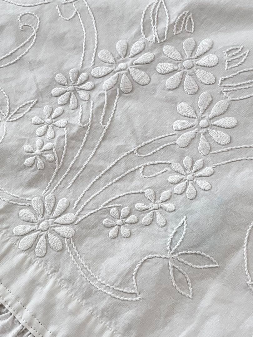 【美品】フランスアンティーク 花模様の手刺繍 フリルカフェカーテン[3376]