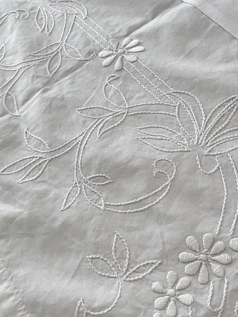 【美品】フランスアンティーク 花模様の手刺繍 フリルカフェカーテン[3376]