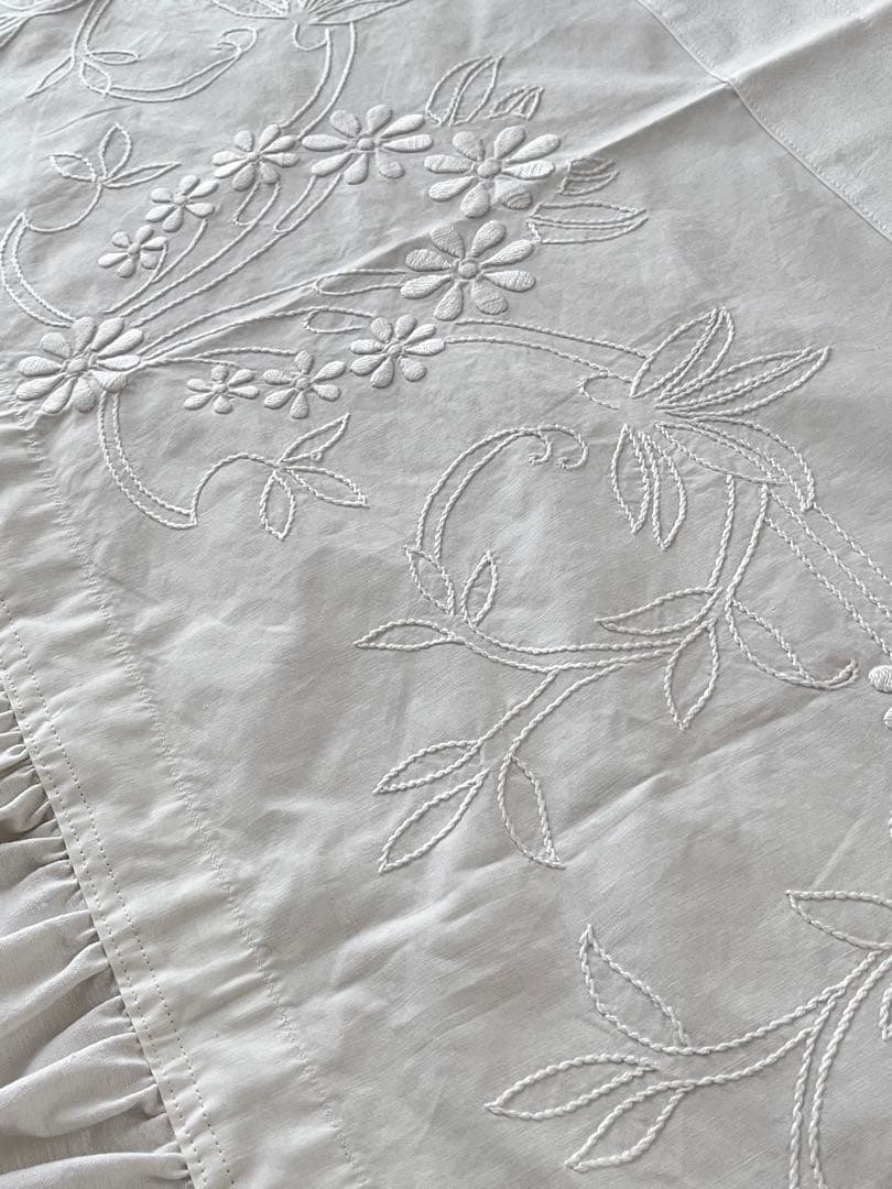 【美品】フランスアンティーク 花模様の手刺繍 フリルカフェカーテン[3376]