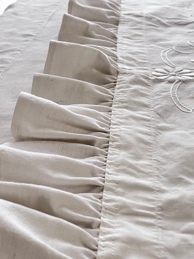 【美品】フランスアンティーク 花模様の手刺繍 フリルカフェカーテン[3376]