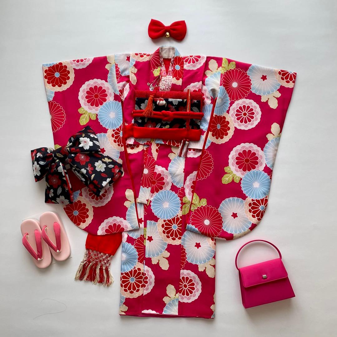 七五三　撫松庵　7歳女児　四つ身着物　結び帯18点フルセット　菊　ピンク　753
