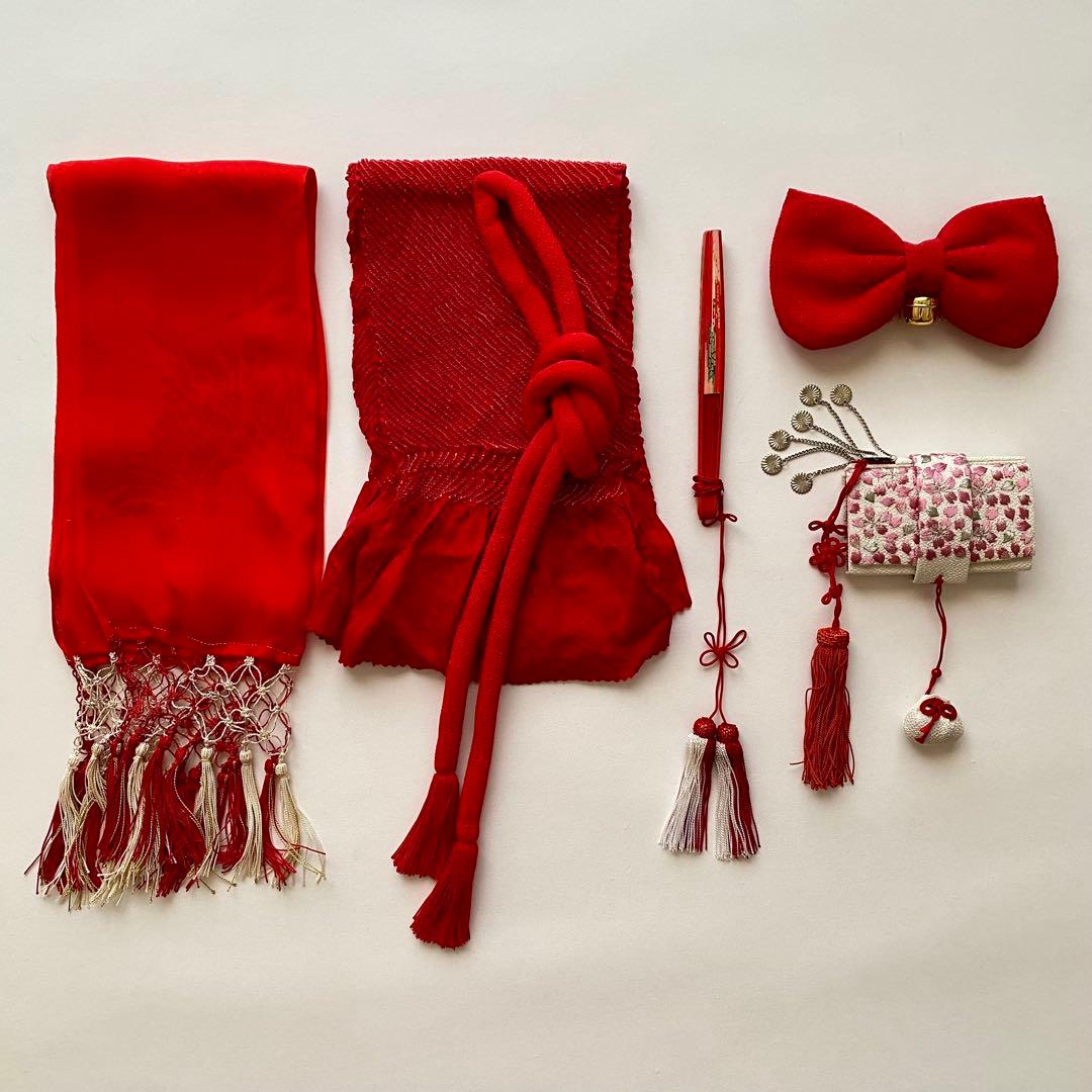 七五三　撫松庵　7歳女児　四つ身着物　結び帯18点フルセット　菊　ピンク　753