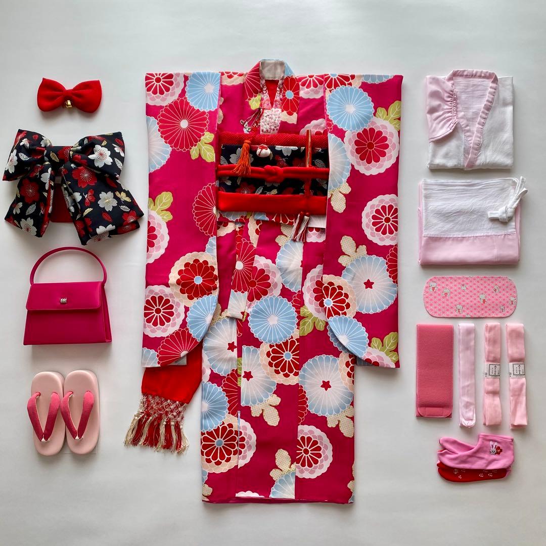 七五三　撫松庵　7歳女児　四つ身着物　結び帯18点フルセット　菊　ピンク　753