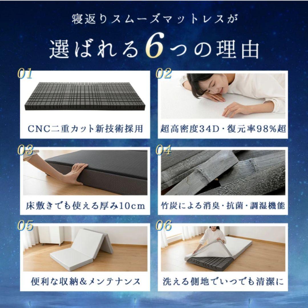 マットレス 高反発 超高密度 34D シングル 極厚10cm 2層 三つ折り