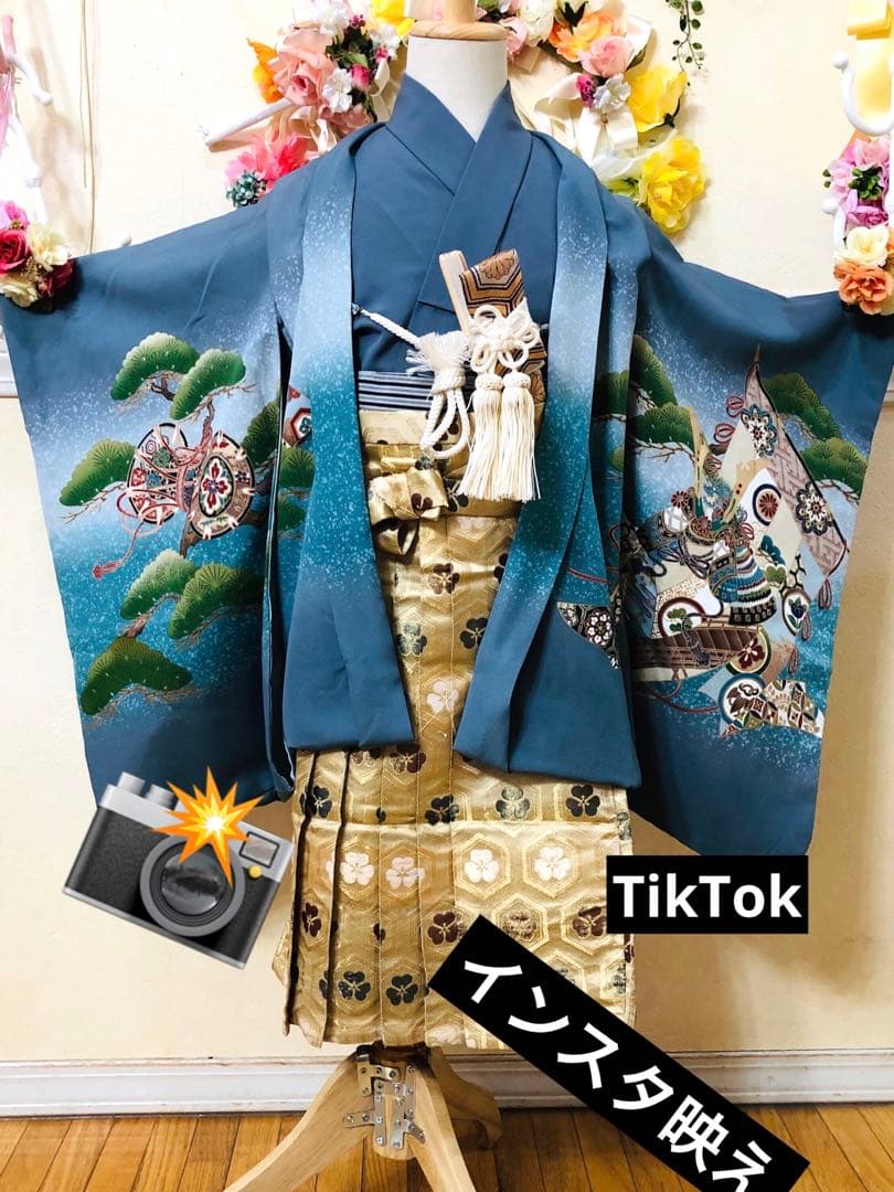 七五三5歳完全フルセット‼️豪華青系兜鷹金彩煌びやか⭐︎袴金蘭刺繍豪華逸品