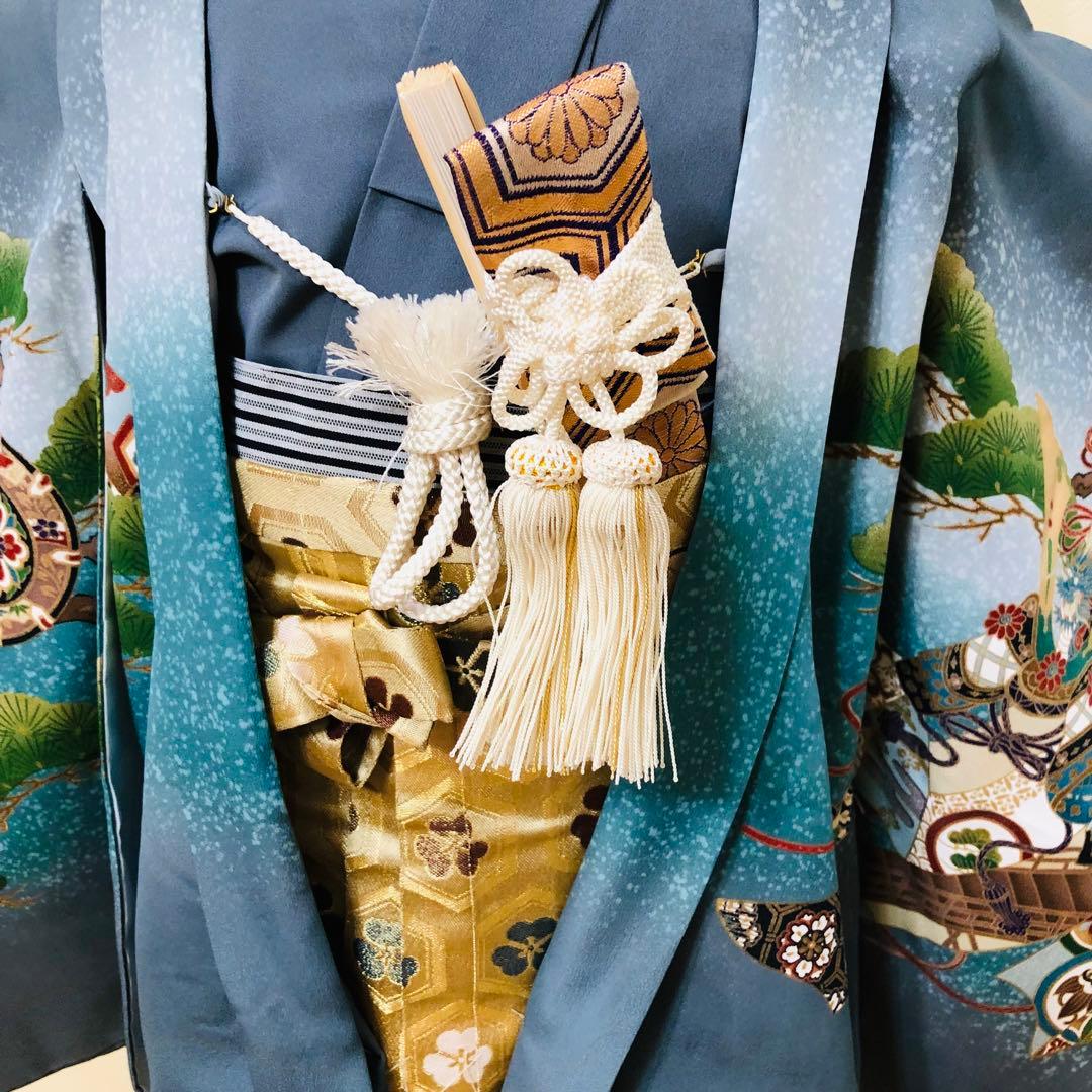 七五三5歳完全フルセット‼️豪華青系兜鷹金彩煌びやか⭐︎袴金蘭刺繍豪華逸品